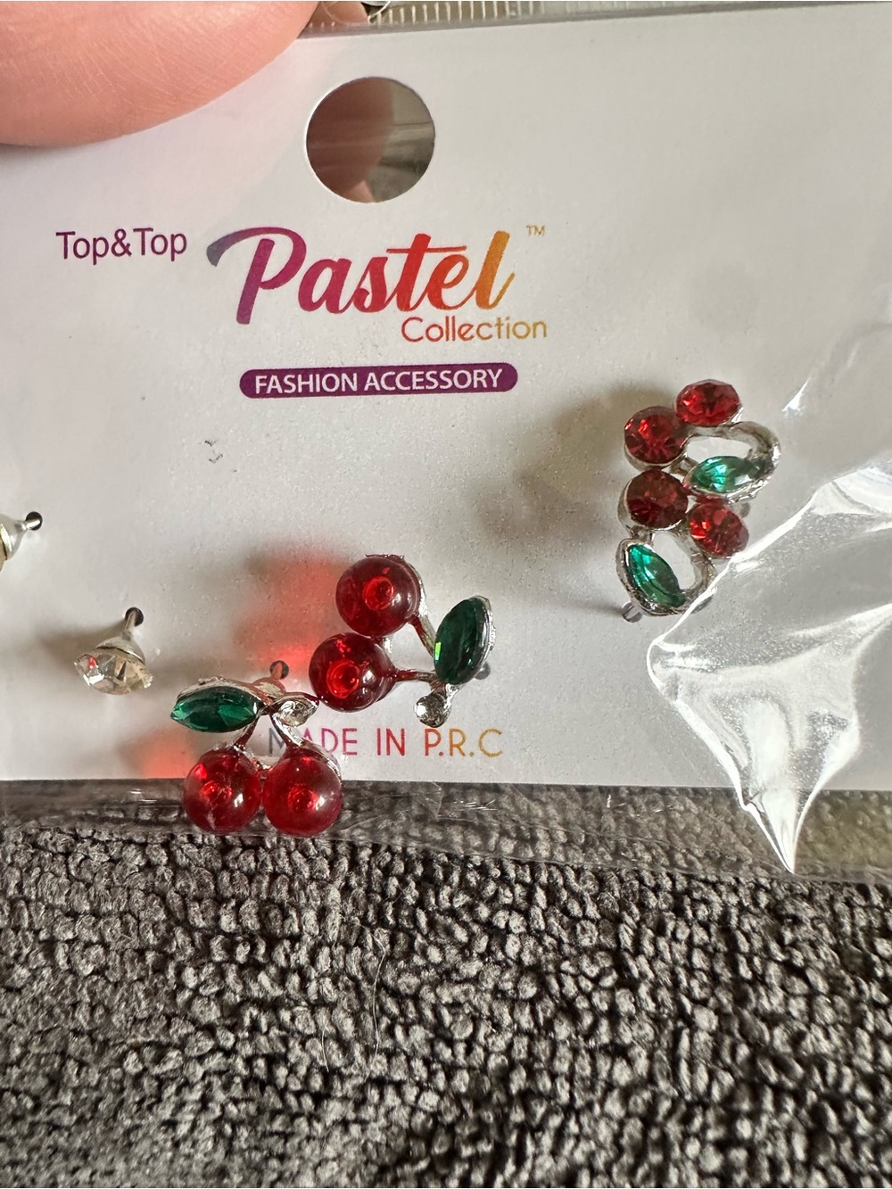 Pastel Collection Red Cherry Crystal Stud Earrings with Green Leaves